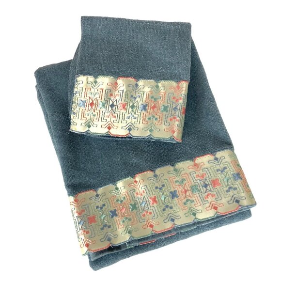Barth Dreyfuss Bath & Washcloth Set Cotton Powder Blue With Applique Embroidery - Picture 1 of 8